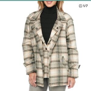 NWOT Democracy Double Layer Wool Blend  Plaid Pea Coat, Small